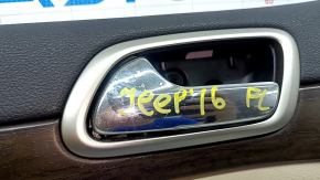 Beige front left door panel for Jeep Grand Cherokee WK2 14-17, with beige leather insert, without armrest, wood-like molding, with handle, dents, scratches, whitened plastic