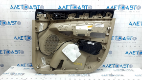 Beige front left door panel for Jeep Grand Cherokee WK2 14-17, with beige leather insert, without armrest, wood-like molding, with handle, dents, scratches, whitened plastic