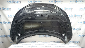 Nissan Rogue Sport 20-22 hood, bare steel, black G41, after repair, torn bump stop mount, dent, bump, corrosion