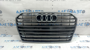 Complete radiator grille for an Audi A6 C7 16-18, with a "quattro" emblem, gloss black + chrome, for parking sensors, chrome chipped, non-factory holes, bumps, chips, broken fasteners