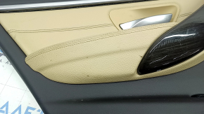Door trim, rear left, BMW 3 F30 12-18, black, dark wood trim Fineline, beige leather insert, with gray molding and lighting, with handle, worn, dry-cleanable