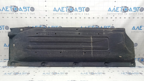 The right underbody protection of a Hyundai Tucson 22-26 is dented and the fastener is torn off.