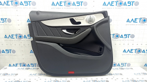 Front left door panel, Mercedes GLC 16-22, black leather, AMG pack, Burmester, armrest and insert, black leather, gray molding, with backlight, with handle, nicks, scratches, needs cleaning