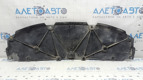 The front bumper guard of a Toyota Prius 50 16-18 is worn, torn, and dented.