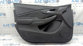 The front left door panel of a Chevrolet Volt 16 is black, with a black leather insert, the armrest is black leather, with a handle, without a trim and buttons, scratches
