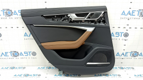 Door trim, rear left, Audi A6 C8 19-24, black leather, black leather insert, light brown leather armrest, under the curtain, chrome molding with backlight, Bang & Olufsen, with handle