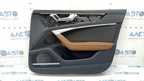 Front right door panel for Audi A6 C8 19-24, black leather, black leather insert, light brown leather armrest, chrome molding with backlight, Bang & Olufsen, with handle