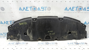 The front bumper guard for a Toyota Prius 50 19-22 is dented, torn, and missing a fragment.