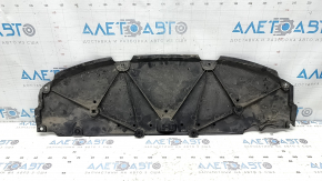 The front bumper guard for a Toyota Prius 50 19-22 is dented, torn, and missing a fragment.