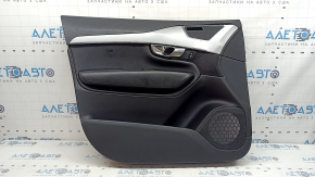 Black front left door panel for Volvo XC90 16-22, black leather insert, black leather armrest with handle, gray insert, scratches, bump
