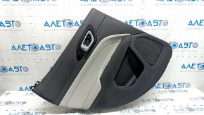Rear left door panel for a Jeep Compass 22-26, black, gray leather armrest with brown stitching, with handle, scratches