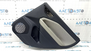 Subaru Forester 25-26 rear right door panel, black with gray fabric insert, gray rubber armrest, worn