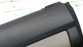 Subaru Forester 25-26 rear right door panel, black with gray fabric insert, gray rubber armrest, worn