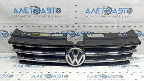 Radiator grille VW Tiguan 18-19 with emblem, 3 chrome stripes, black gloss on top, chips