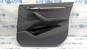 Door trim, front right card, BMW X2 F39 18-23, Sensatec leather, black, armrest and handle, black leather, molding in dark wood with chrome opening handle, with backlighting and speaker grilles, dry-cleanable