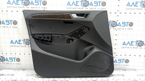 Door trim, front left card, Audi Q5 8R 09-17, black, black leather insert, rubber armrest, glossy wood molding, with handle, worn, scratches, broken fastening, without armrest