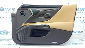 Front right door panel for Lexus ES 19-22, brown leather, armrest and insert, light brown leather, dark wood molding, glossy, with backlight, Mark Levinson, without handle, scratch