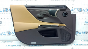 Front left door panel for Lexus ES 19-22, brown leather, armrest and insert, light brown leather, dark wood molding, glossy, with backlighting, Mark Levinson, memory, without handle and memory buttons, scratches