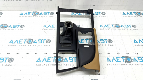 Front center console trim for Lexus ES 19-22, black with light brown leather and dark wood trim, glossy