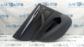 Door trim, rear left card, BMW X1 F48 16-22, Sensatec leather, black, armrest and handle, black leather, aluminum molding with blue insert, with chrome opening handle, with backlighting and speaker grilles, under the tweeter, worn