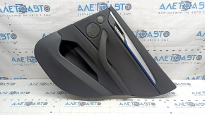 Door trim, rear right card, BMW X1 F48 16-22, Sensatec leather, black, armrest and handle, black leather, aluminum molding with blue insert, with chrome opening handle, with backlighting and speaker grilles, under the tweeter, worn