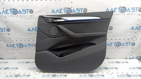 Door trim, front right card, BMW X1 F48 16-22, Sensatec leather, black, armrest and handle, black leather, aluminum molding with blue insert, with chrome opening handle, with backlight and speaker grille, worn, bent molding