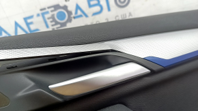 Door trim, front right card, BMW X1 F48 16-22, Sensatec leather, black, armrest and handle, black leather, aluminum molding with blue insert, with chrome opening handle, with backlight and speaker grille, worn, bent molding