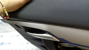 Door trim, front right card, BMW X1 F48 16-22, Sensatec leather, black, armrest and handle, black leather, aluminum molding with blue insert, with chrome opening handle, with backlight and speaker grille, worn, bent molding