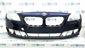 Bare front bumper BMW 5 F10 14-16 for parking sensors without cameras and headlight washers, blue, broken fasteners, scratches, non-standard holes