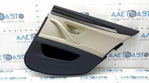 Door trim, rear right card, BMW 5 F10 11-16 leather, insert and armrest in Nappa Elfenbein Weiss leather, with backlighting, molding in brown wood Perlglanz Chrome, with handle, scratches, needs cleaning