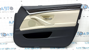 Door trim, front right card, BMW 5 F10 11-16 leather, insert and armrest in Nappa Elfenbein Weiss leather, with backlighting, molding in brown wood Perlglanz Chrome, with handle, scratches, needs cleaning