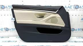 Door trim card front left BMW 5 F10 11-16 leather, insert and armrest leather Nappa Elfenbein Weiss, with backlight, molding brown wood Perlglanz Chrome, under memory, with handle, scratches, worn