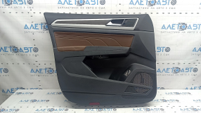 Door trim, front left card, VW Atlas 21-23, black, brown leather with white stitching, gray molding with wood insert, brown leather armrest, with squeaker, with chrome handle, with overlays, scratches