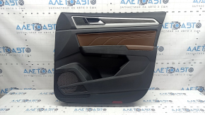 Door trim, front right card, VW Atlas 21-23, black, brown leather with white stitching, gray molding with wood insert, brown leather armrest, with squeaker, with chrome handle, with overlays, worn armrest