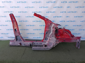 The front left quarter of a Toyota Prius 50 16-22 is sawn off with the central pillar, red, the pillar is dented