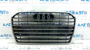Radiator grille assembly for Audi A6 C7 16-18 rest, black gloss, chrome moldings, without emblems, for parking sensors, cracked, dented