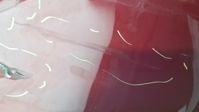 Rear bare bumper Hyundai Sonata 11-15 hybrid, red RER, punctured, dented, scratches, tear