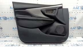 Front left door panel for Nissan Murano z52 20-21, black with black leather insert, black leather armrest, glossy gray molding, scratches, dents, tears, dry cleaning required