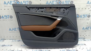 Door trim, front left card, Audi A6 C8 19-25, black leather, black leather insert, light brown leather armrest, chrome molding with backlight, butt plate