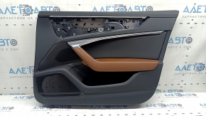Door trim, front right card, Audi A6 C8 19-24, black leather, black leather insert, light brown leather armrest, chrome molding with backlight, bumpers