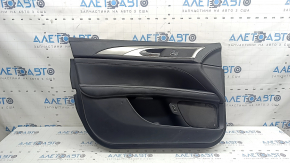 Door trim, front left card, Lincoln MKZ 17-20, black with black leather insert, black leather armrest, aluminum insert, under the tweeter, with backlight, with a handle, with buttons for central locking, seat memory and opening the fuel filler flap, bumps, scratches
