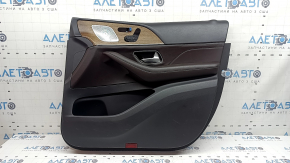 Door trim panel, front right, complete, Mercedes W167 GLE 20-25, dark gray, insert and armrest, brown leather, wood molding, with handle, Burmester, scratches