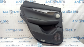 Door trim, rear left Infiniti QX50 19-22, black with black leather insert, black leather armrest, with curtain, BOSE, silver molding, with button, bumps, scratches