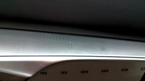 Door trim, rear left Infiniti QX50 19-22, black with black leather insert, black leather armrest, with curtain, BOSE, silver molding, with button, bumps, scratches