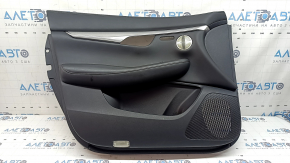 Door trim, front left Infiniti QX50 19-22, black with black leather insert, black leather armrest, BOSE, with backlight, silver molding, with buttons, scratches, nicks