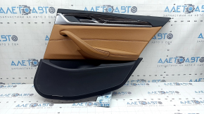 Door trim, rear right card, BMW 5 G30 17-22, brown leather, armrest and insert, brown leather, glossy wood molding, with backlight, with handle and buttons, scratches