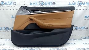 Door trim, front right card, BMW 5 G30 17-23, brown leather, armrest and insert, brown leather, glossy wood molding, with backlight, with handle and button, scratches