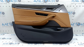 Door trim, front left card, BMW 5 G30 17-23, brown leather, armrest and insert, brown leather, glossy wood molding, with backlight, with handle and buttons, scratches, handle defect