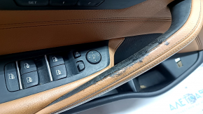 Door trim, front left card, BMW 5 G30 17-23, brown leather, armrest and insert, brown leather, glossy wood molding, with backlight, with handle and buttons, scratches, handle defect