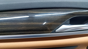 Door trim, front left card, BMW 5 G30 17-23, brown leather, armrest and insert, brown leather, glossy wood molding, with backlight, with handle and buttons, scratches, handle defect